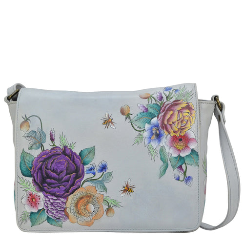 Anuschka style 683, handpainted Flap Crossbody. Floral Charm painting in grey color. Featuring Inside zippered partition compartment and Adjustable crossbody strap.