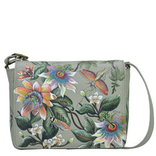 Load image into Gallery viewer, Anuschka style 683, handpainted Flap Crossbody. Floral Passion painting in Multi color. Featuring Inside zippered partition compartment and Adjustable crossbody strap.
