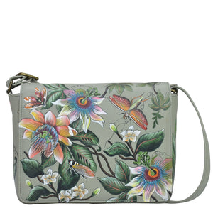 Anuschka style 683, handpainted Flap Crossbody. Floral Passion painting in Multi color. Featuring Inside zippered partition compartment and Adjustable crossbody strap.
