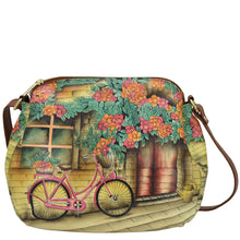 Load image into Gallery viewer, Anuschka style 691, Multi Compartment Medium Bag. Vintage Bike painting in Multi color. Featuring two multipurpose pockets with gusset.
