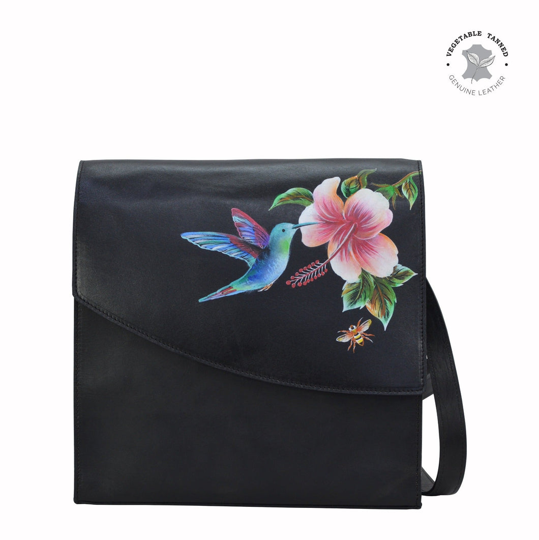 Anuschka style 692, handpainted Flap Messenger Crossbody. Hummingbird painting in Black color. Featuring RFID blocking and many credit card slots.