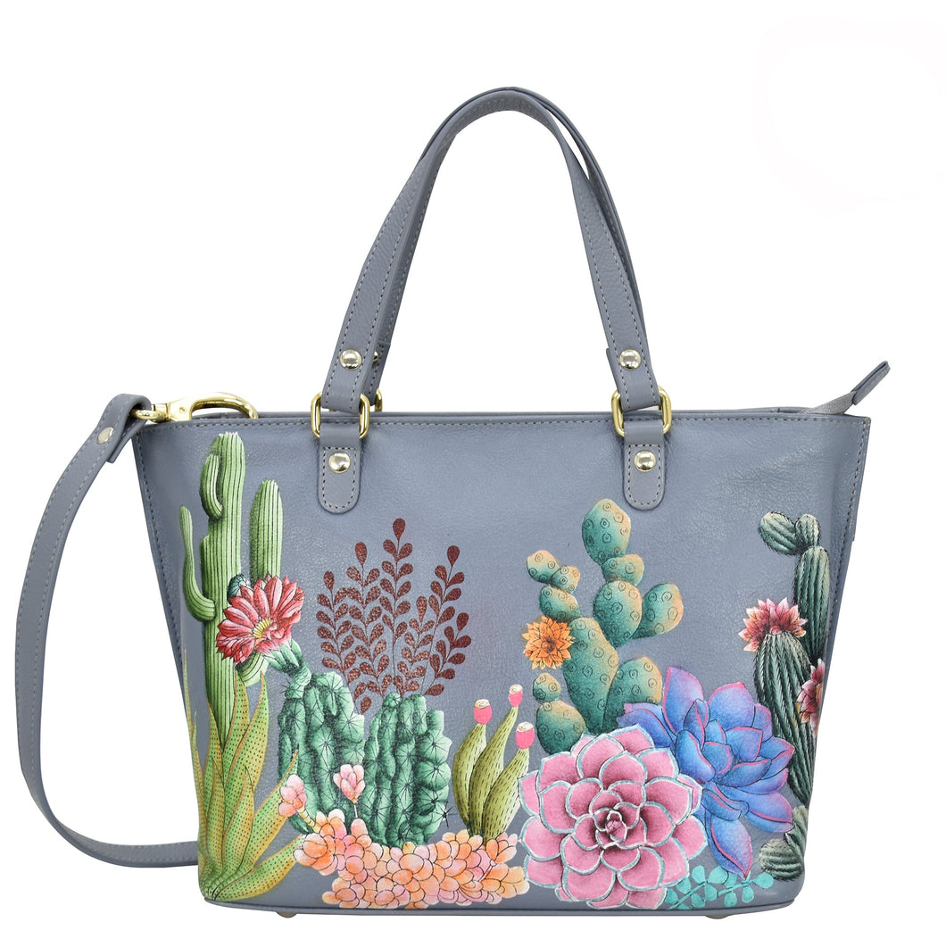 Anuschka style 693, Medium Tote. Desert Garden painting in grey color. Top zip entry, Removable handle with full adjustability.