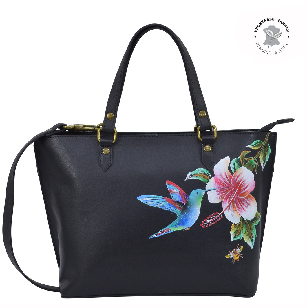 Anuschka style 693, Medium Tote.Hummingbird painting in Black color. Top zip entry, Removable handle with full adjustability