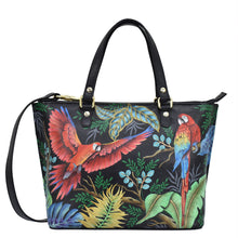 Load image into Gallery viewer, Anuschka style 693, Medium Tote. Rainforest Beauties painting in Black color. Top zip entry, Removable handle with full adjustability.
