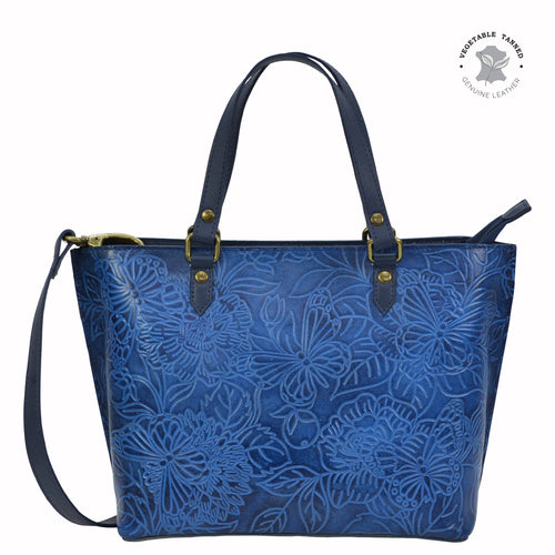Anuschka style 693, Medium Tote. Tooled Butterfly Jade in blue color. Top zip entry, Removable handle with full adjustability.