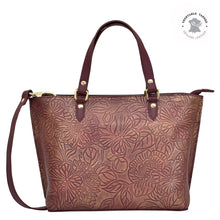 Load image into Gallery viewer, Anuschka style 693, Medium Tote. Tooled Butterfly Wine art in Wine color. Top zip entry, Removable handle with full adjustability.
