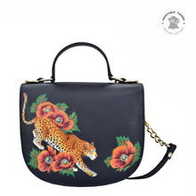 Load image into Gallery viewer, Anuschka style 694, Flap Crossbody. Enigmatic Leopard painting in Black color. Featuring magnetic snap button entry with Removable fully adjustable handle strap.
