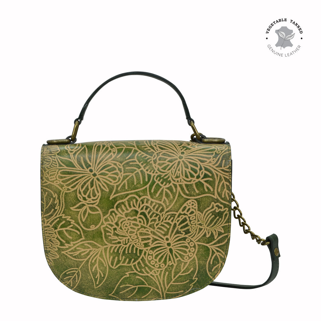 Anuschka style 694, Flap Crossbody. Tooled Butterfly in green or mint color. Featuring magnetic snap button entry with Removable fully adjustable handle strap.