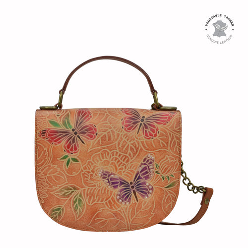Anuschka style 694, Flap Crossbody. Tooled Butterfly in brown color. Featuring magnetic snap button entry with Removable fully adjustable handle strap.