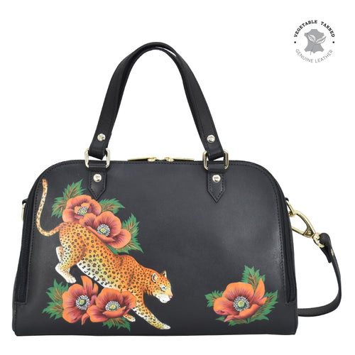 Anuschka style 695, Wide Organizer Satchel. Enigmatic Leopard painting in Black color. Featuring Three card holders, one ID window and several inside pockets.