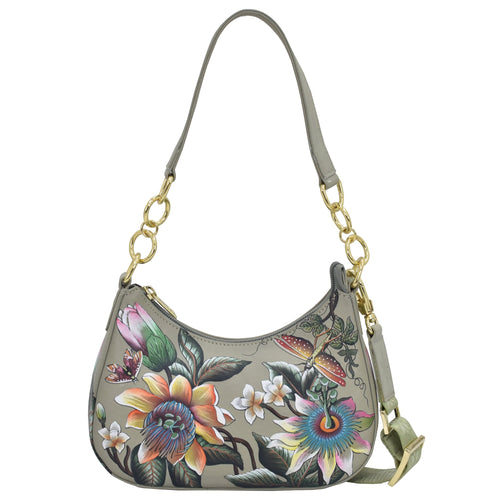 Anuschka style 701, Small Convertible Hobo. Floral Passion painting in Green color. Featuring Rear full length zip pocket & Removable adjustable crossbody web strap.