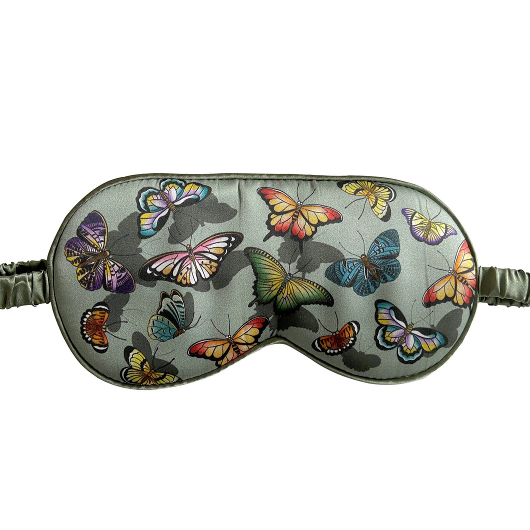 Anuschka style 3302, printed 100% Silk Padded Eye Mask. Butterfly Heaven print in Green or Mint Color. Lightly padded and Comfortable elastic strap.
