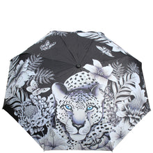 Load image into Gallery viewer, Anuschka style 3100, printed Auto Open and Close Umbrella. Cleopatra&#39;s Leopard painting in black, grey and silver color. UV protection (UPF 50+) during rain or shine.
