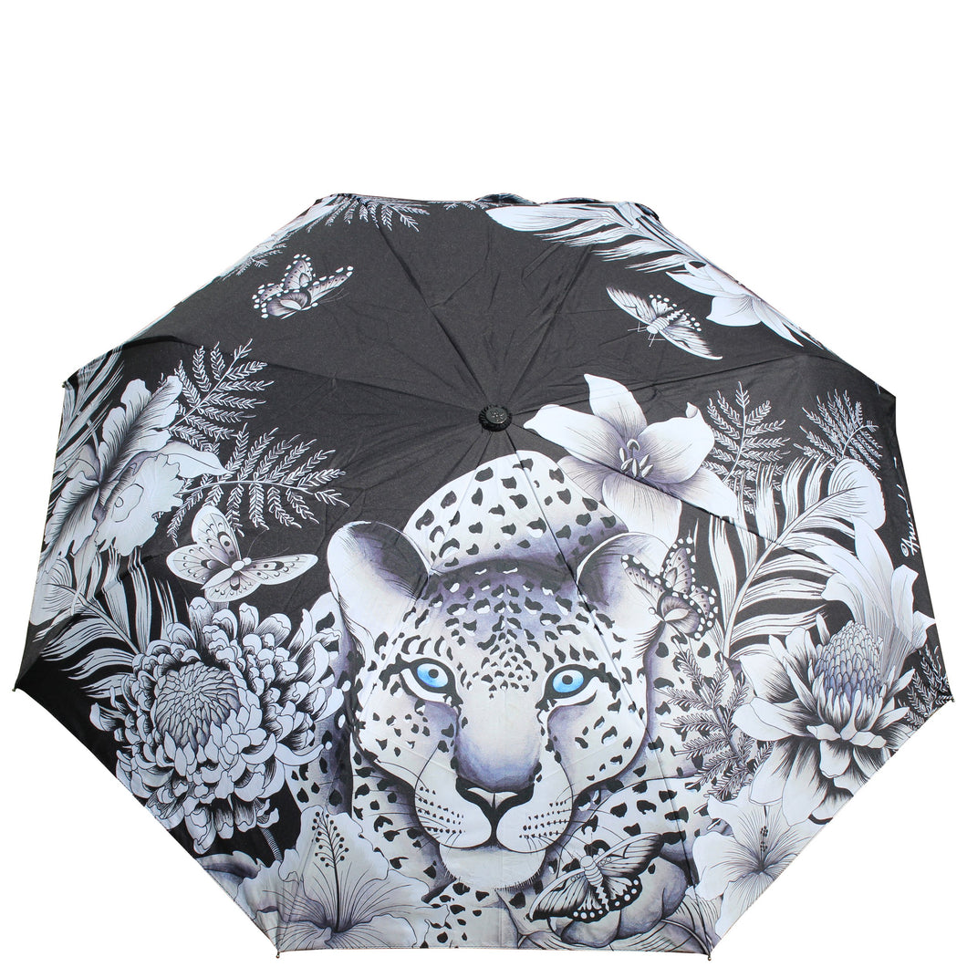 Anuschka style 3100, printed Auto Open and Close Umbrella. Cleopatra's Leopard painting in black, grey and silver color. UV protection (UPF 50+) during rain or shine.